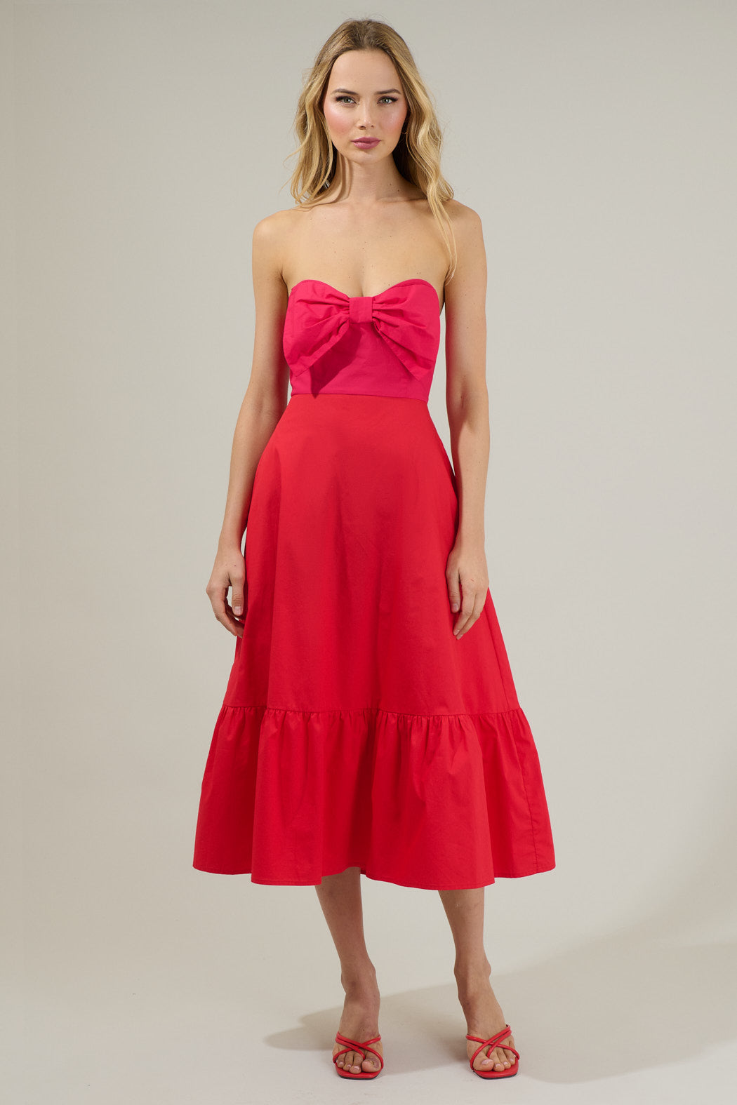 Bronte Red Dress with Bow Front and Satin Midi Skirt