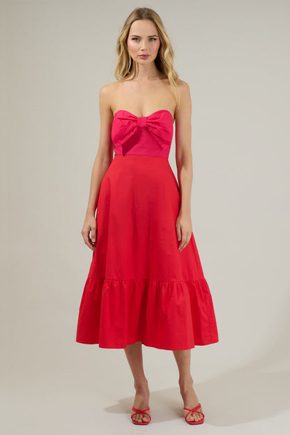 Bronte Red Dress with Bow Front and Satin Midi Skirt