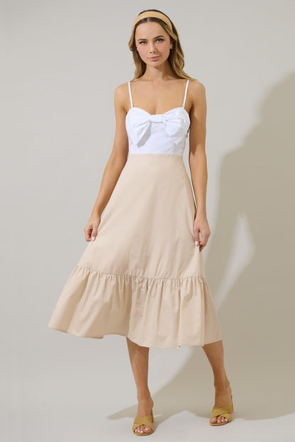 Bronte Red Dress with Bow Front and Satin Midi Skirt