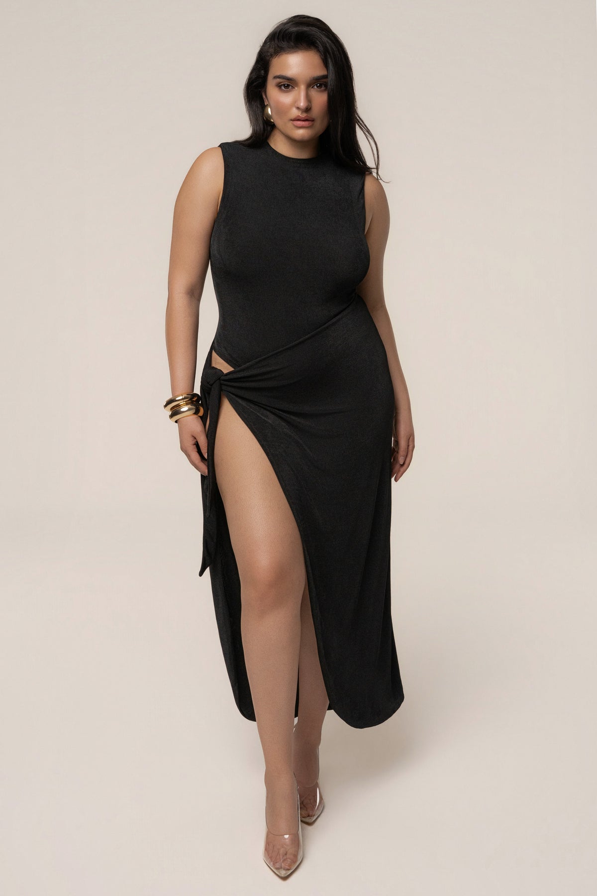 Esta Black Dress with High Neck and Draped Slit