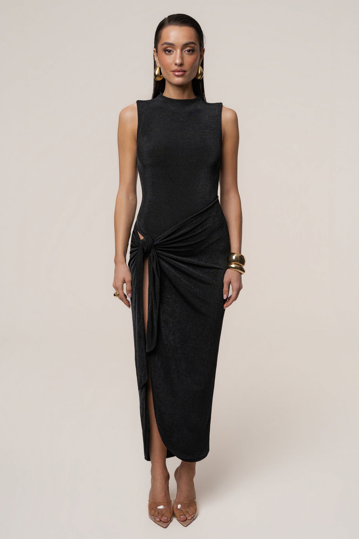 Esta Black Dress with High Neck and Draped Slit
