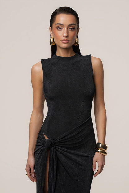 Esta Black Dress with High Neck and Draped Slit