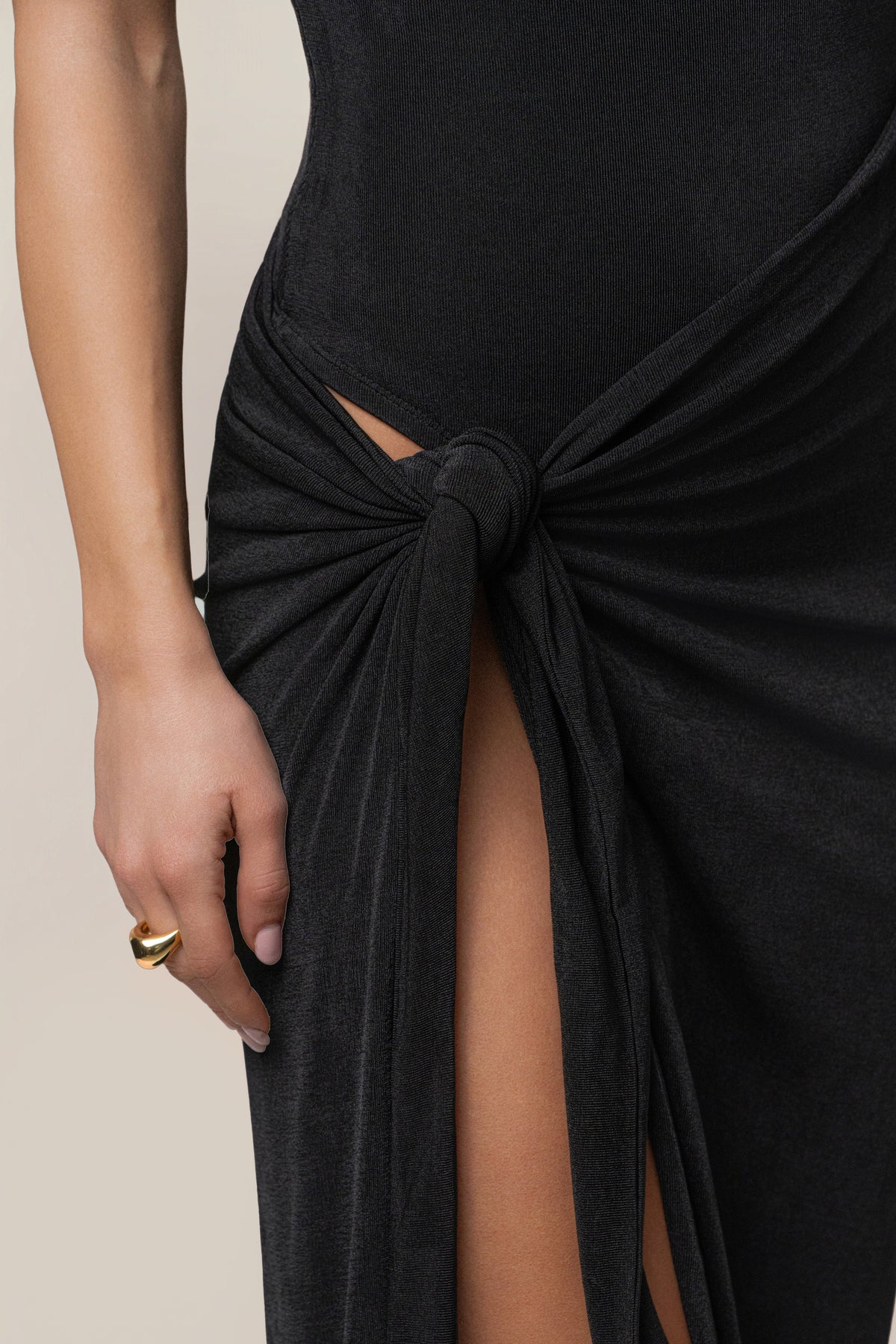 Esta Black Dress with High Neck and Draped Slit