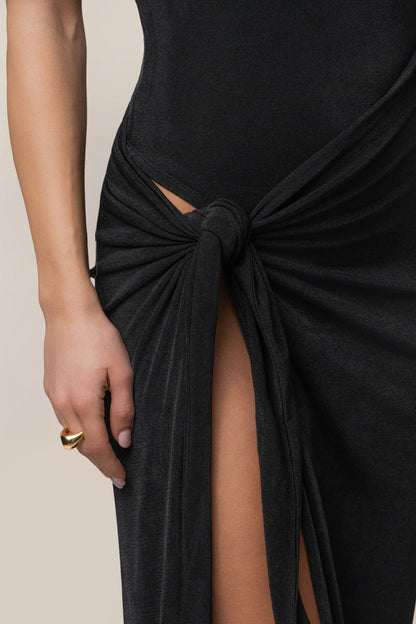 Esta Black Dress with High Neck and Draped Slit