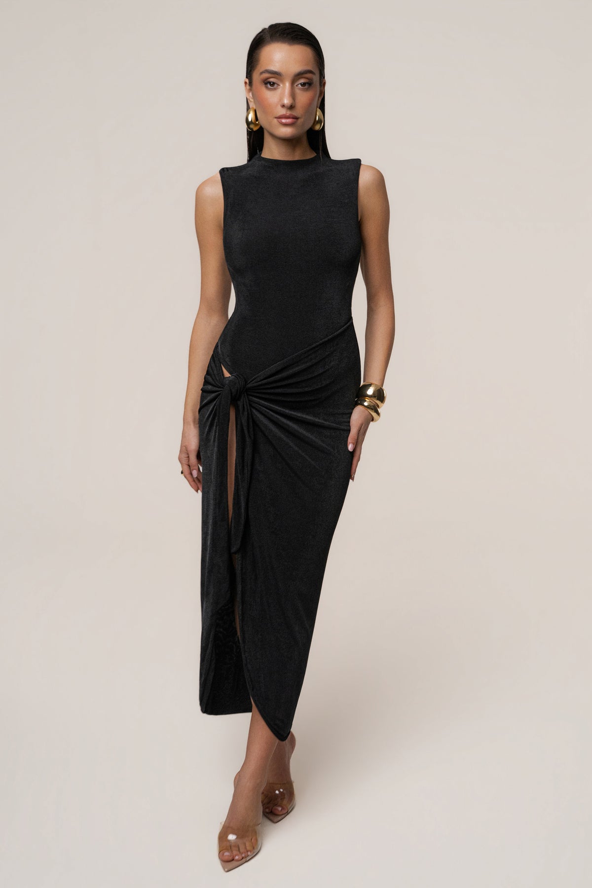 Esta Black Dress with High Neck and Draped Slit