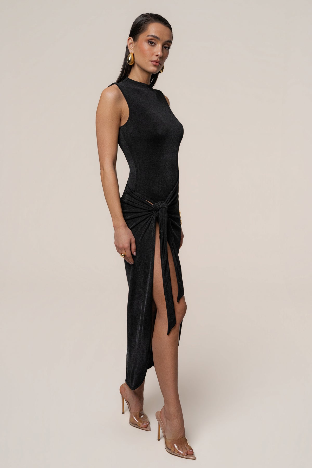 Esta Black Dress with High Neck and Draped Slit