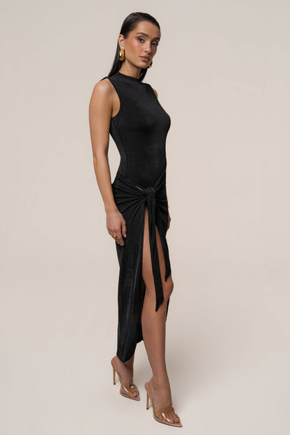 Esta Black Dress with High Neck and Draped Slit