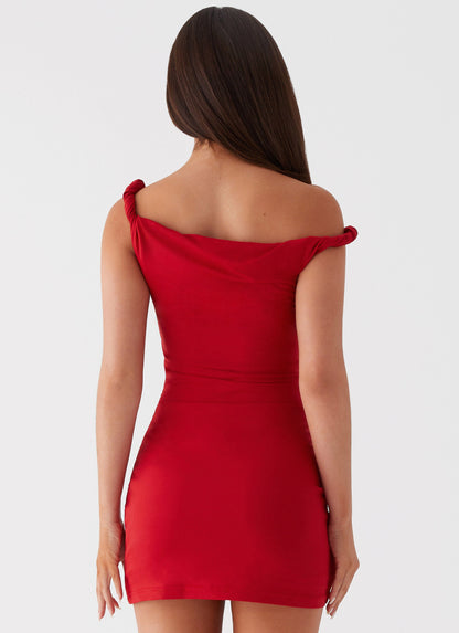 Minna Red Dress with Twist Shoulder and Ruched Body