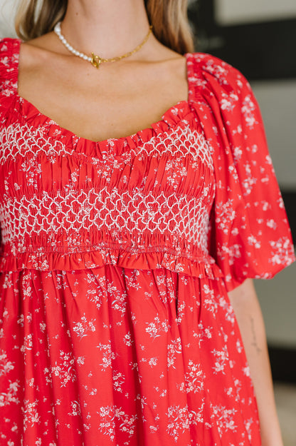 Norah Red Dress with Floral Lace and Tiered Ruffles