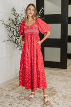 Norah Red Dress with Floral Lace and Tiered Ruffles