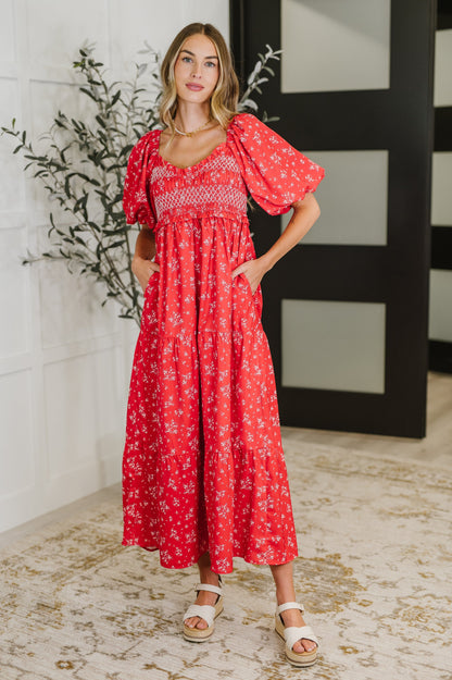 Norah Red Dress with Floral Lace and Tiered Ruffles