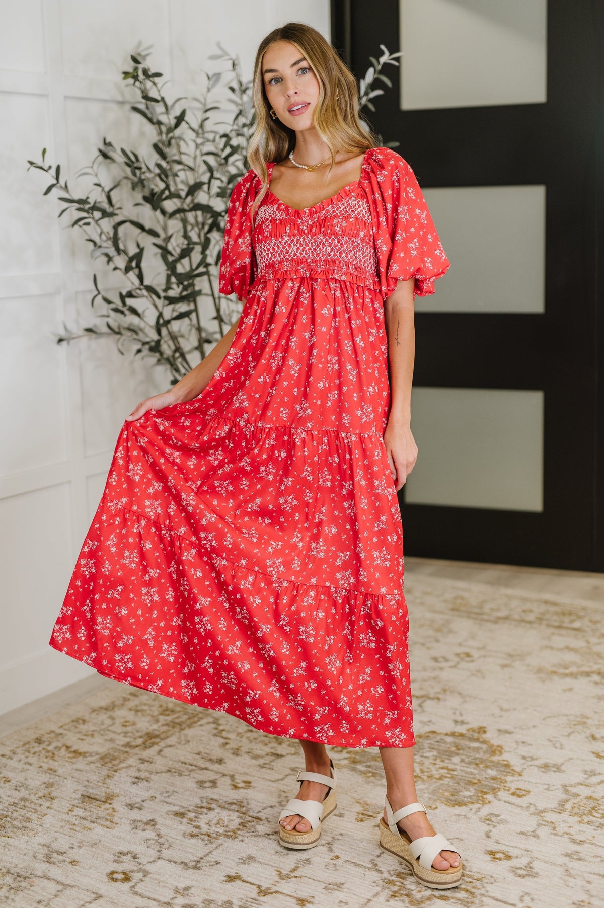 Norah Red Dress with Floral Lace and Tiered Ruffles