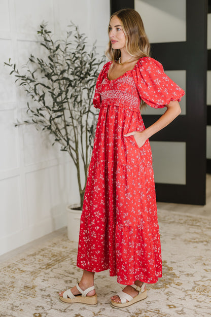 Norah Red Dress with Floral Lace and Tiered Ruffles