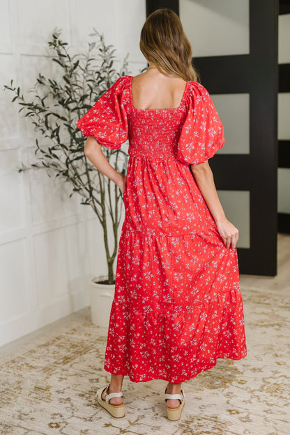 Norah Red Dress with Floral Lace and Tiered Ruffles
