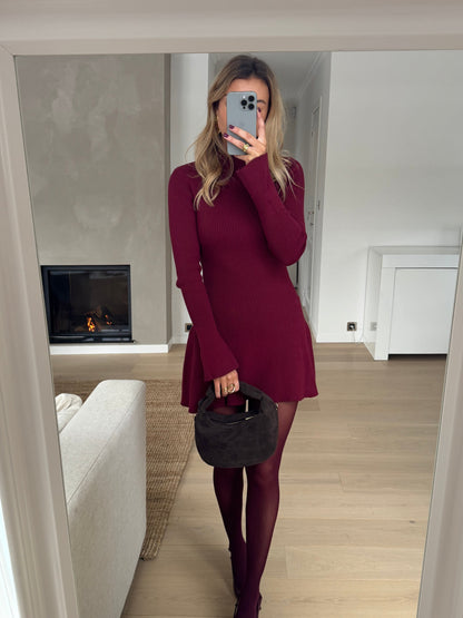Bellamy Burgundy Dress with Long Sleeves and Flared Hem