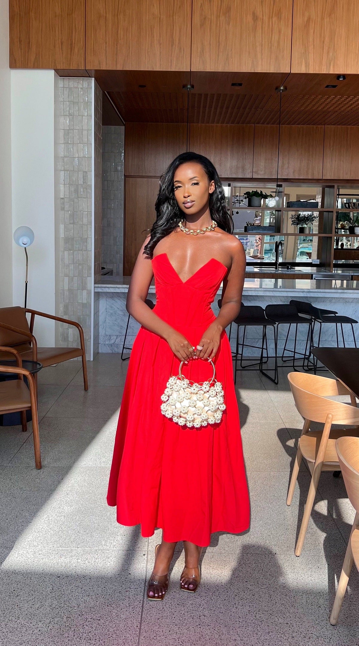 Mabelle Red Dress with Strapless Neck and Full Midi Skirt