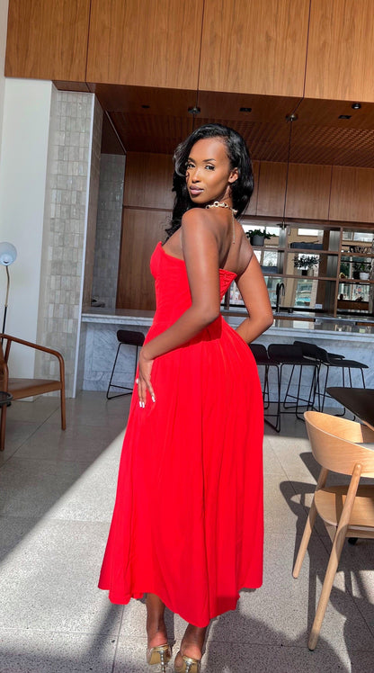 Mabelle Red Dress with Strapless Neck and Full Midi Skirt