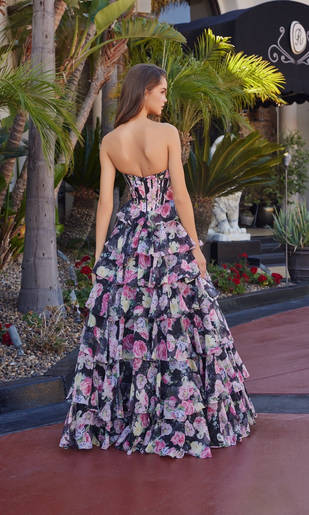 Delphina Formal Dress with Floral Print and Tiered Ruffles