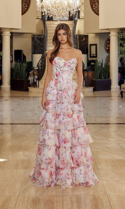 Delphina Formal Dress with Floral Print and Tiered Ruffles