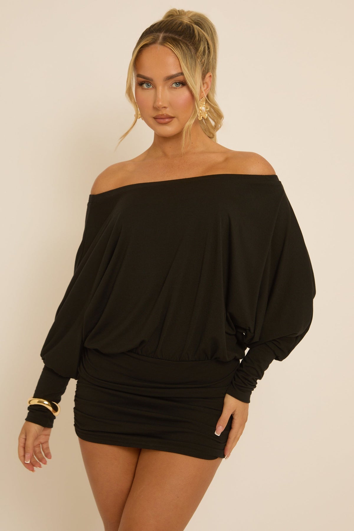 Elvire Black Mini Dress with Batwing Sleeves and Bardot Neck