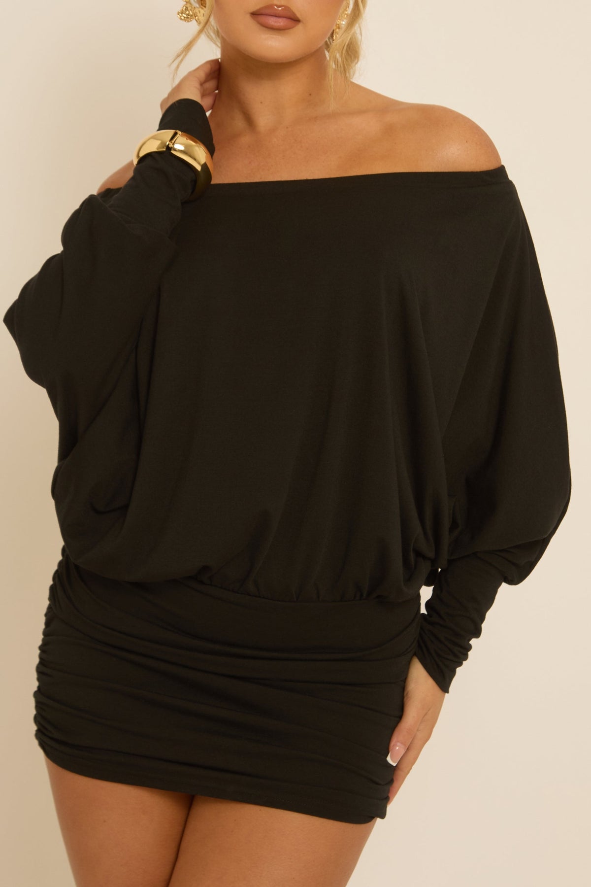 Elvire Black Mini Dress with Batwing Sleeves and Bardot Neck