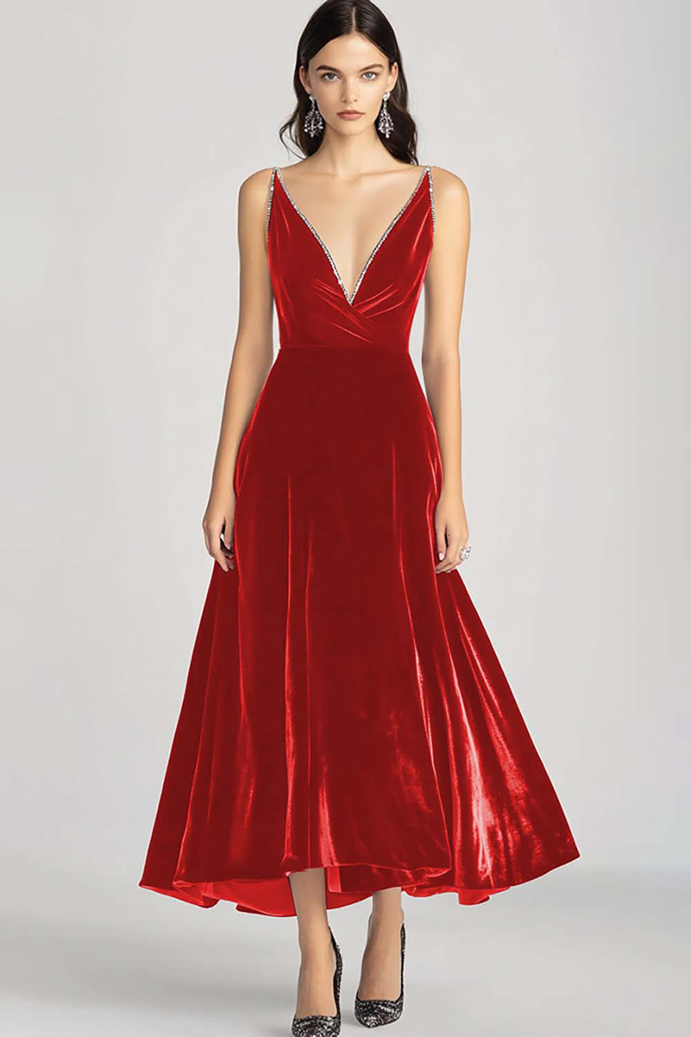 Dorothea Velvet Dress with V Neck and Full Midi Skirt