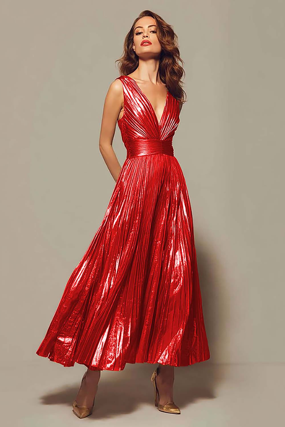 Apolline Formal Dress with Pleated Metallic and Deep V Neck