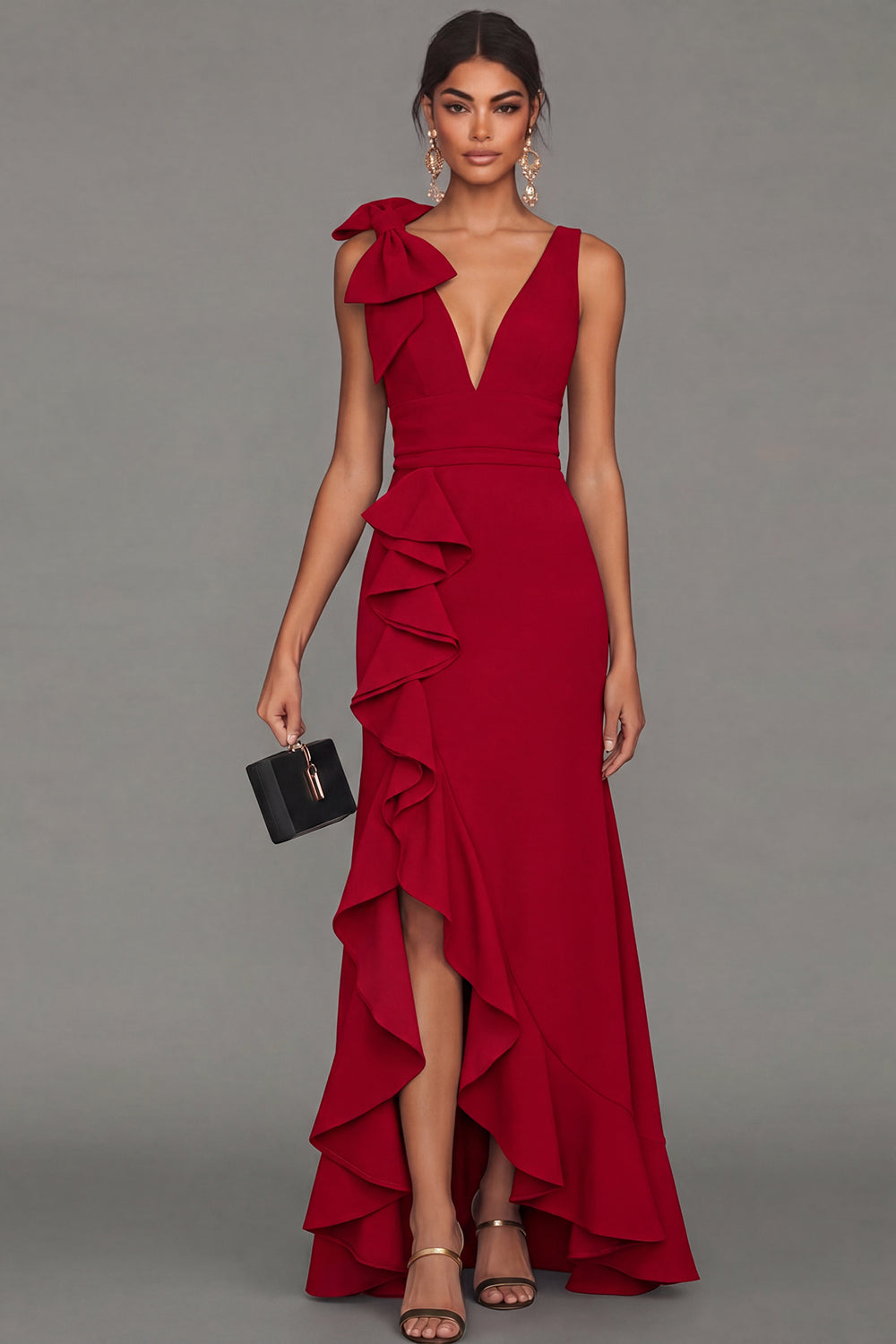 Callista Formal Dress with V Neck and Ruffled Skirt