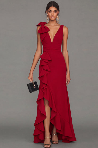 Callista Formal Dress with V Neck and Ruffled Skirt