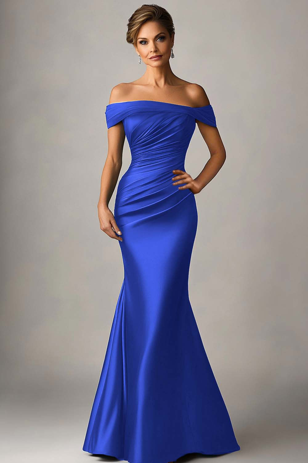 Florentine Formal Dress with Off Shoulder Neck and Ruched Satin