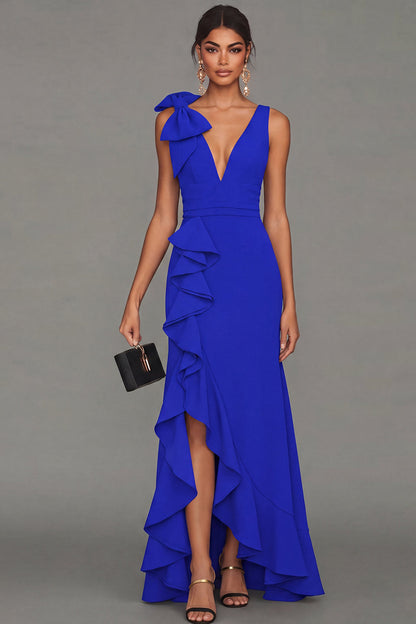 Callista Formal Dress with V Neck and Ruffled Skirt