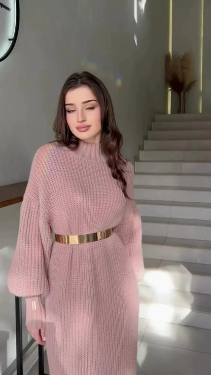 Yara Sweater Dress with Lantern Sleeves and Belt