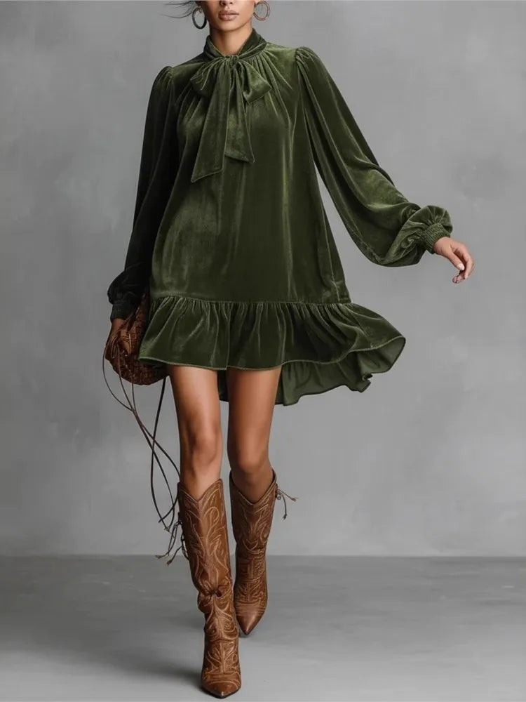 Tamsin Velvet Dress with Tie Neck and Ruffled Hem