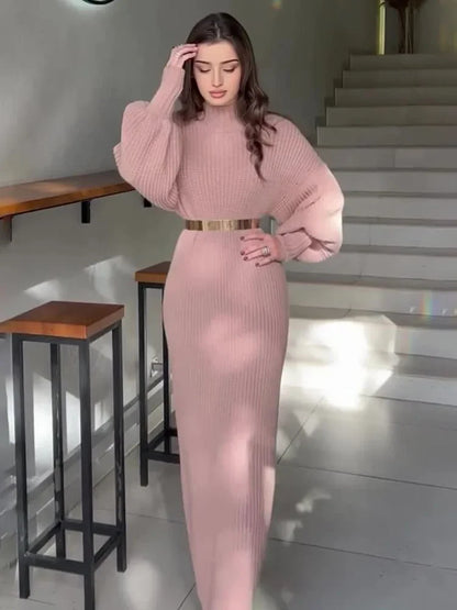 Yara Sweater Dress with Lantern Sleeves and Belt