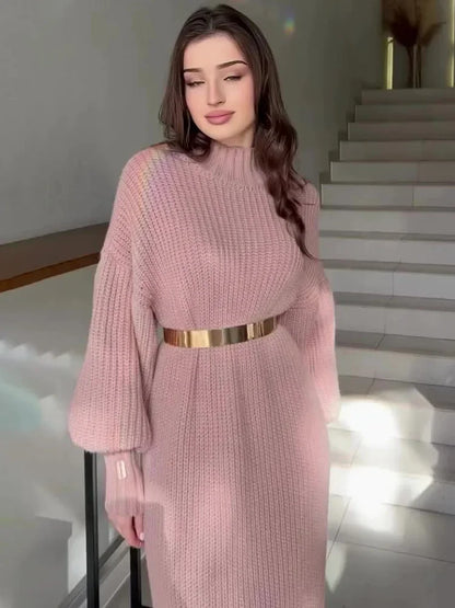Yara Sweater Dress with Lantern Sleeves and Belt