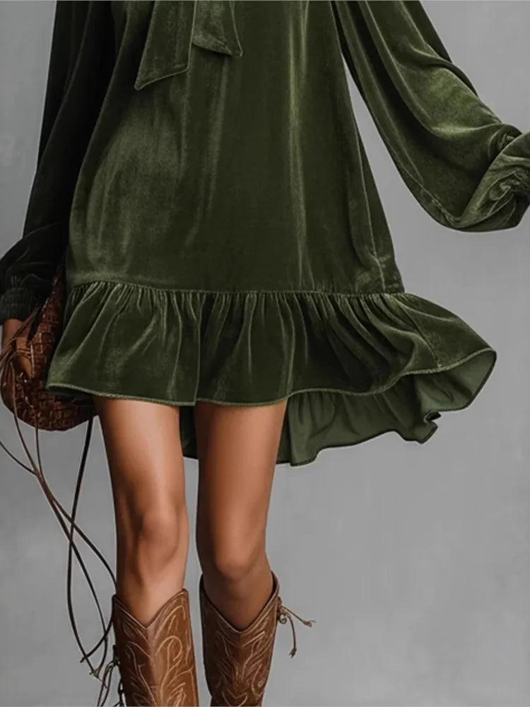 Tamsin Velvet Dress with Tie Neck and Ruffled Hem
