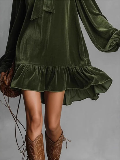 Tamsin Velvet Dress with Tie Neck and Ruffled Hem