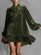 Tamsin Velvet Dress with Tie Neck and Ruffled Hem