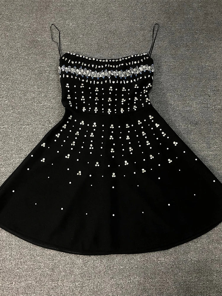 Jessamy Black Mini Dress with Rhinestones and Flared Skirt