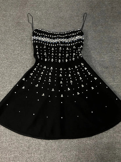 Jessamy Black Mini Dress with Rhinestones and Flared Skirt