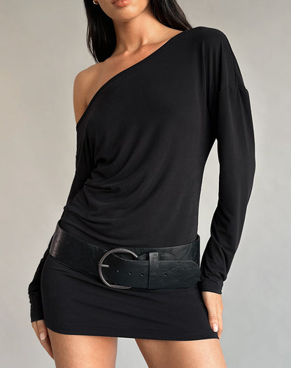 Harper Black Mini Dress with Slouchy Neck and Long Sleeves