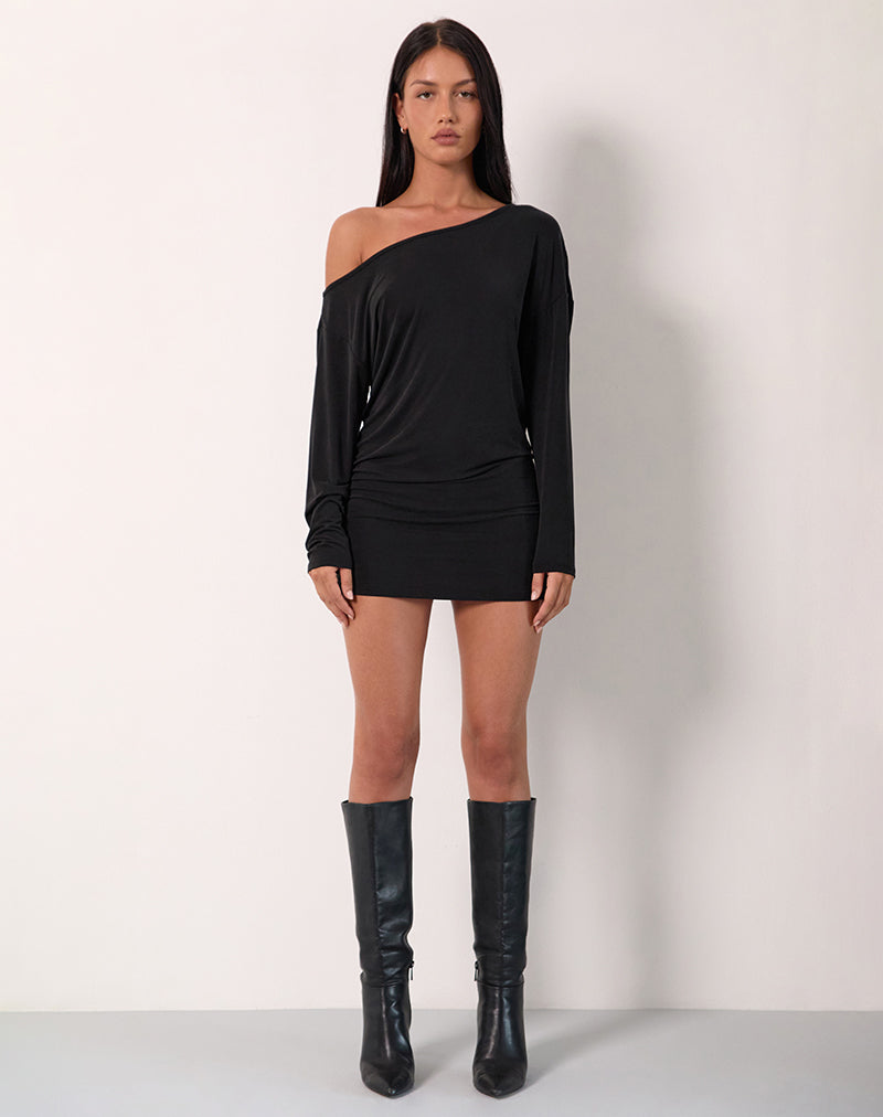 Harper Black Mini Dress with Slouchy Neck and Long Sleeves