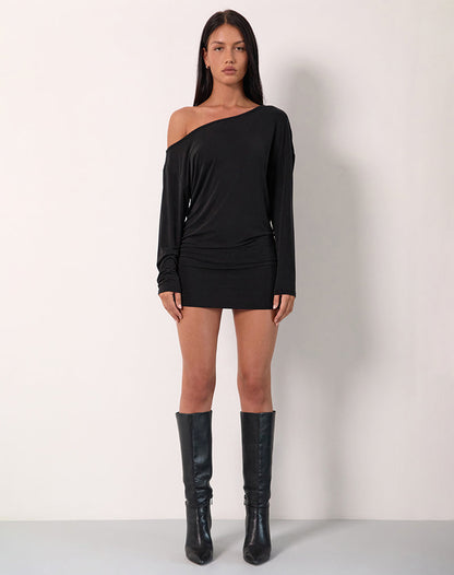 Harper Black Mini Dress with Slouchy Neck and Long Sleeves