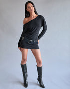 Harper Black Mini Dress with Slouchy Neck and Long Sleeves