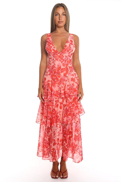 Yolande Red Dress with Floral Print and Strappy Back