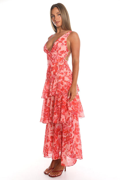 Yolande Red Dress with Floral Print and Strappy Back