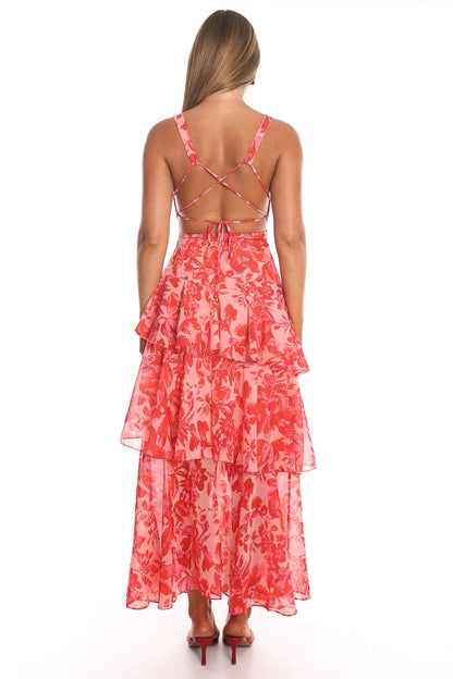 Yolande Red Dress with Floral Print and Strappy Back