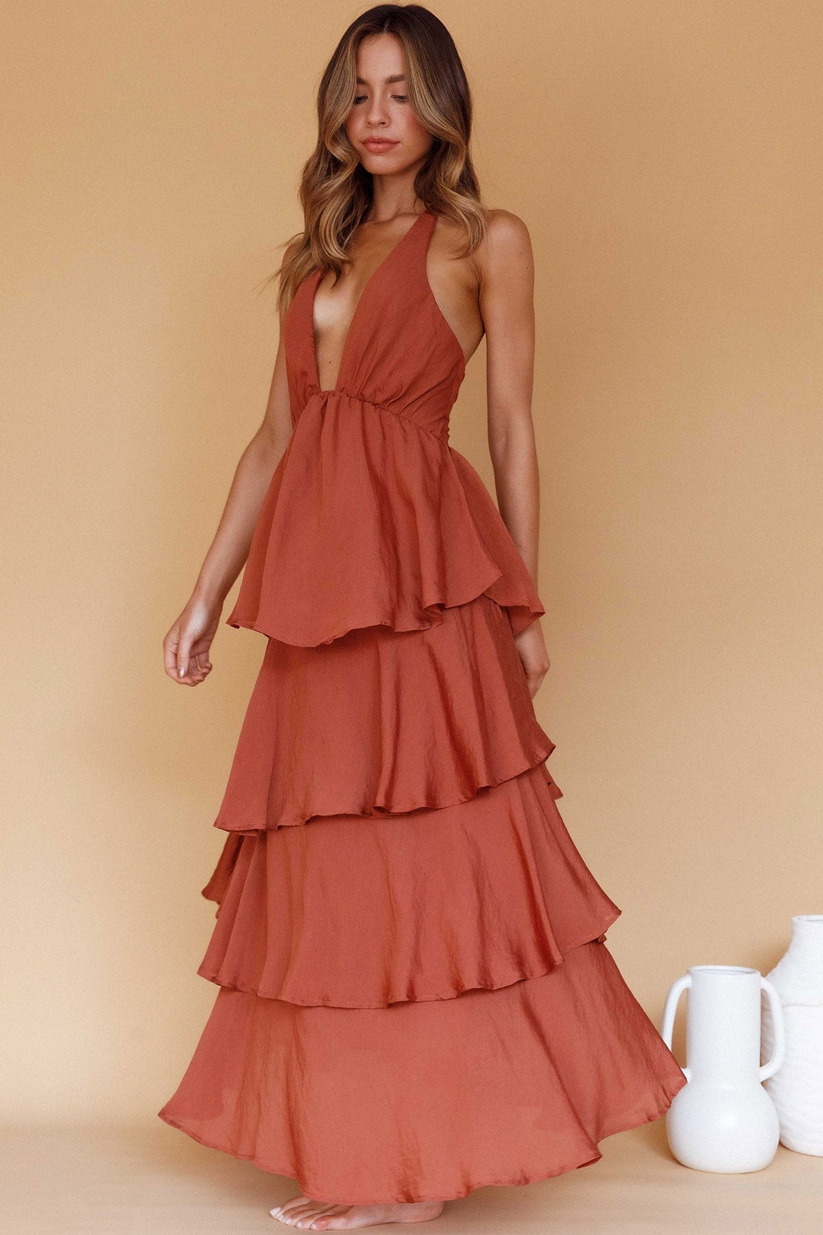 Nia Tiered Ruffle Maxi Dress in Cocoa