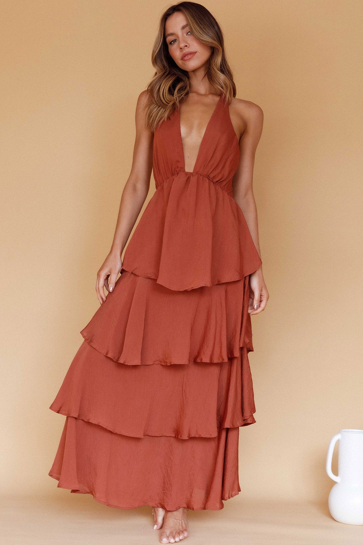 Nia Tiered Ruffle Maxi Dress in Cocoa