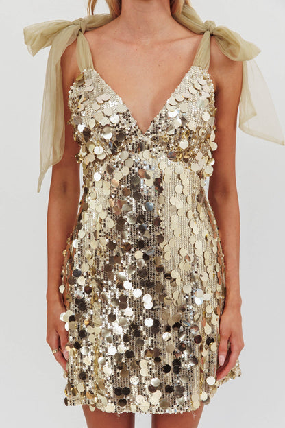 Jolie Sequin Dress with Bow Shoulders and Fine Straps